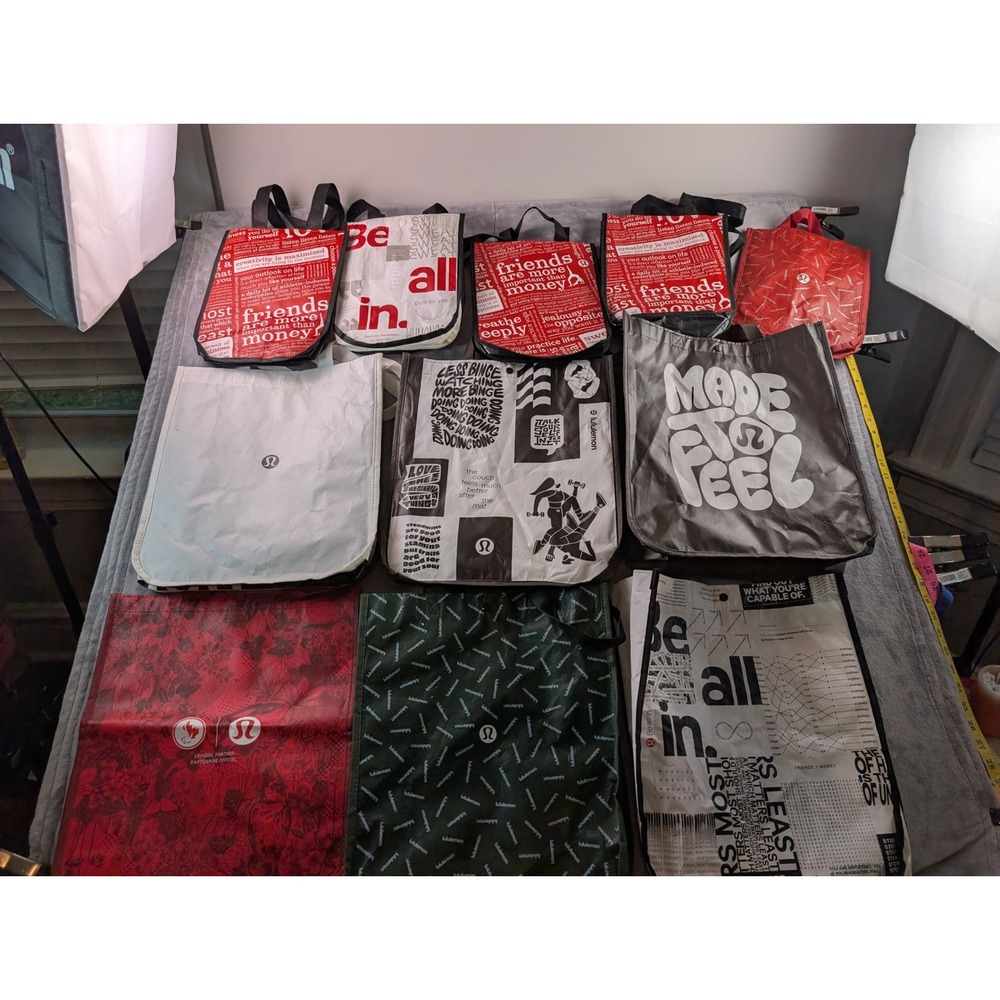 Lululemon Reusable Shopping Tote Bag Lot of 11 Mixed Sizes Red White Black Green
